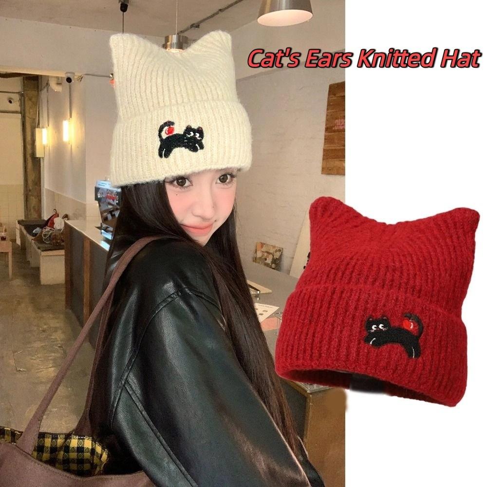 Elastic Cat's Ears Knitted Hat Embroidered Cat Woolen Hat Retro Warm Cap  Women
