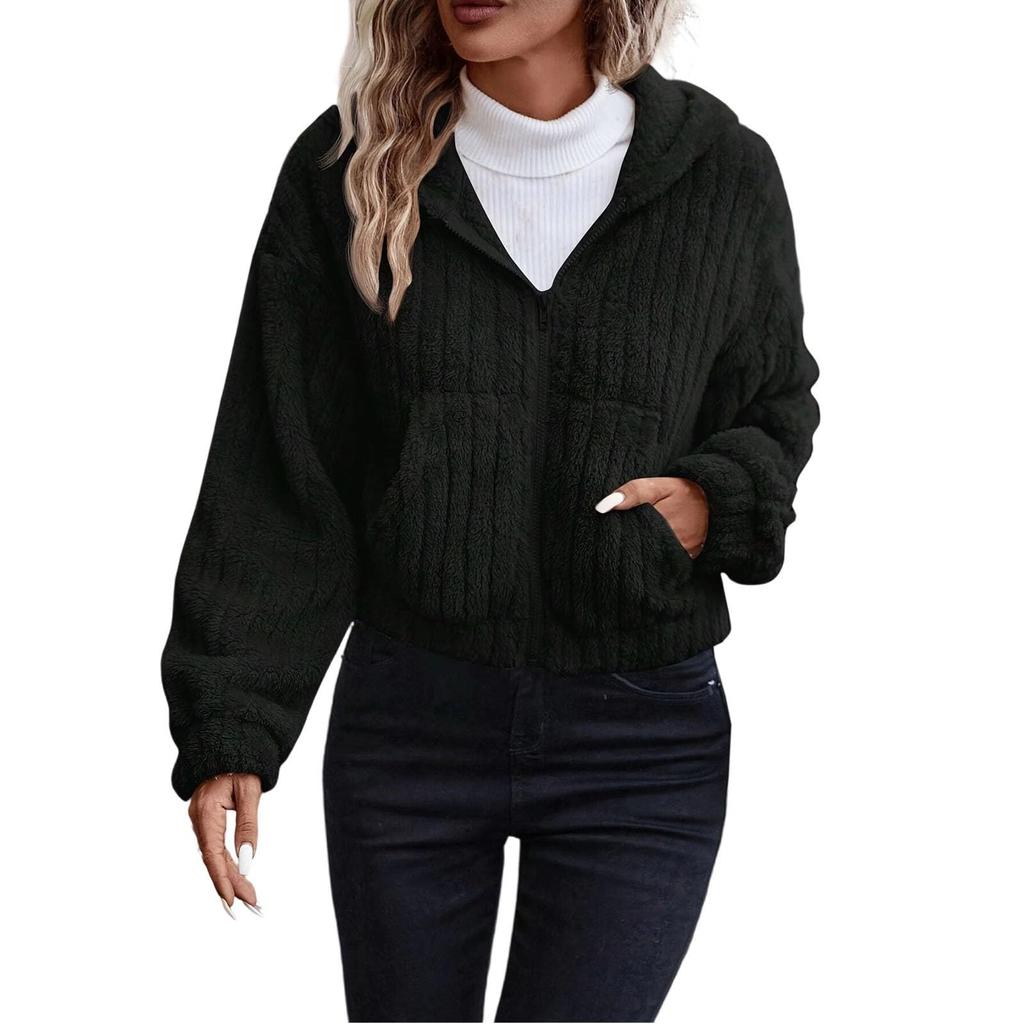 Women's Short-Length Fashion Jacket Fur-Trimmed Soft Hooded Sweatshirt Zip-Up Fleece Jacket Casual Stylish Outerwear
