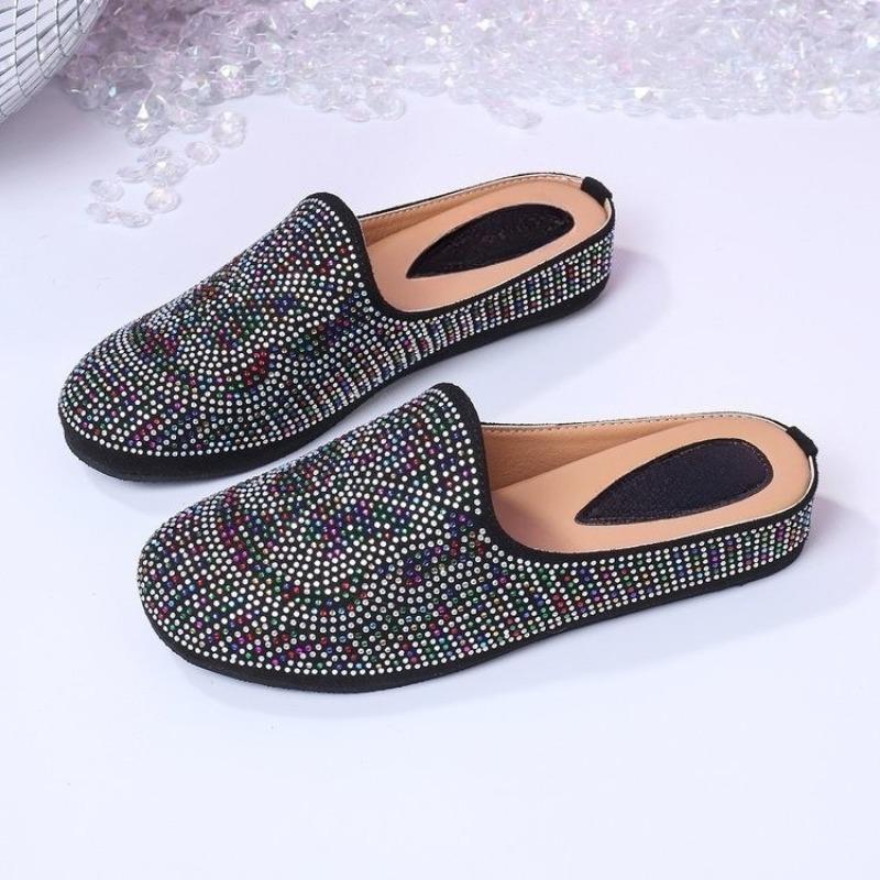 Colorful Full Diamond Baotou Slippers Summer New Round Toe Deep Mouth Soft Sole Non-slip Wear-resistant Flat Shoes