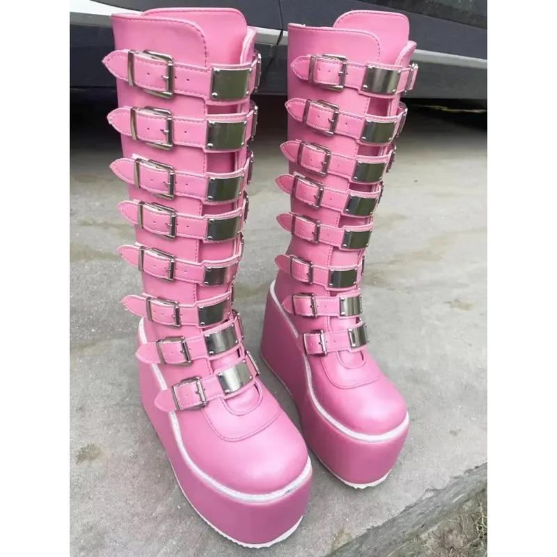Mode Luxusschuhe Neue Punk-Stiefel High Heel Plateau Keilabsatz Damen Hohe Stiefel Gothic Schnallenriemen Langer Schaft Leder Damenstiefel