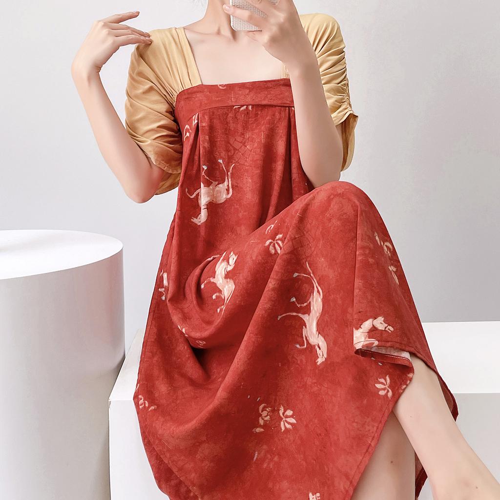 Short-sleeved cotton silk nightgown women's summer square collar improved Hanfu national style cotton silk skirt loungewear can be worn outside