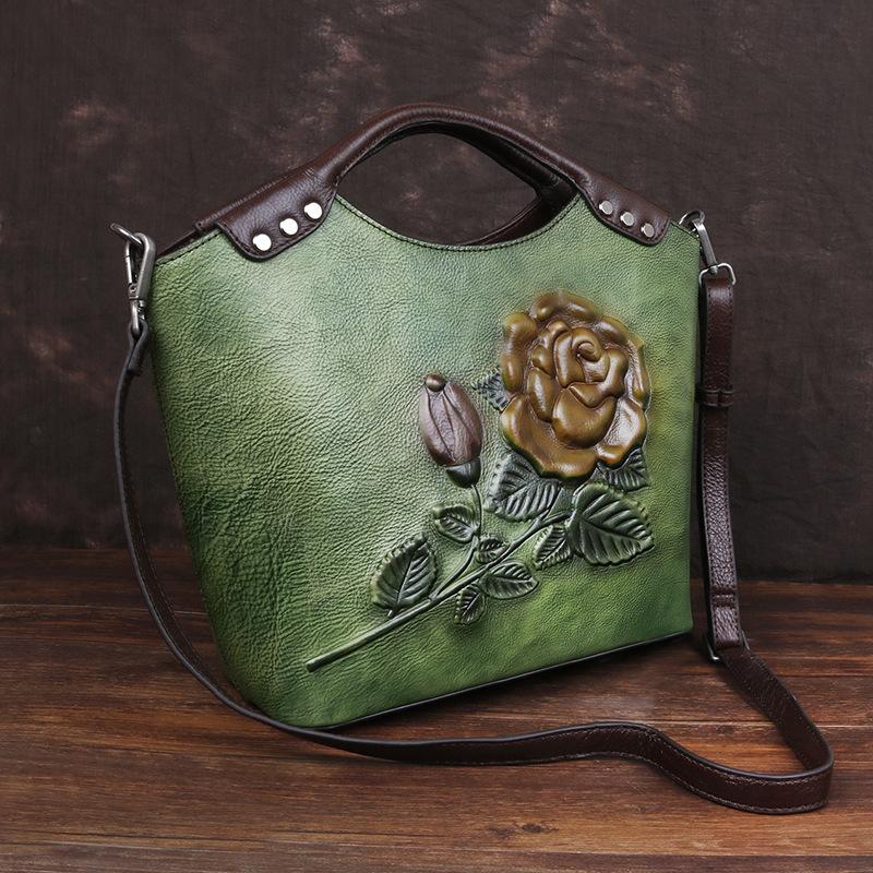 First Layer Cowhide Tote Large Capacity Rose Bag Vintage Tote Bag
