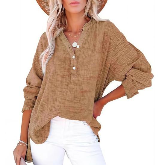 Women Shirt V-Neck Buttons Half Placket Long Sleeve Pullover Tops Solid Color Loose Fit Pleated Tops Casual Tee Daily Wear