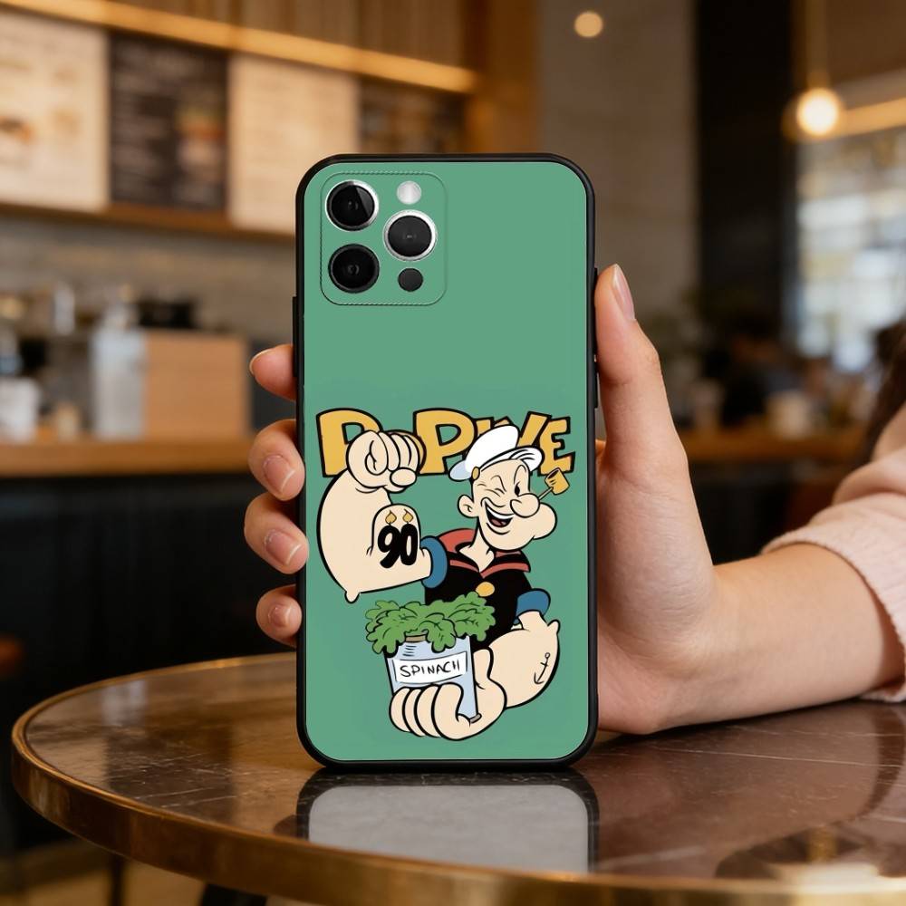 P-Popeye CARTOON Phone Case For iPhone 17,16,15,14,13,12,11 Plus,Pro Max,Soft Silicone Black Cover