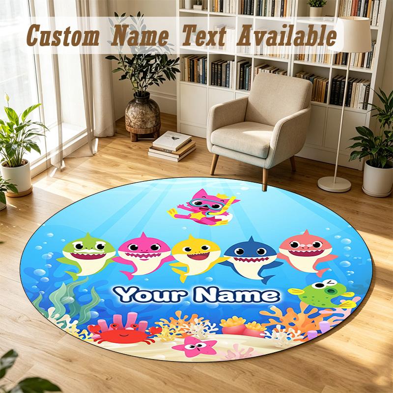 Round Rug Custom NameBaby Shark Pattern Non Slip Carpet Home Floor Decor
