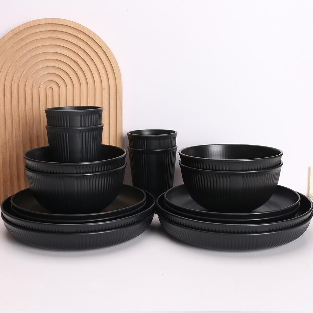 Tiktok Wheat Straw Tableware Set: 16-Piece includes Plates, Bowls, Cups, Saucers, Knives, Forks, and Spoons. Eco-friendly Kitchenware.