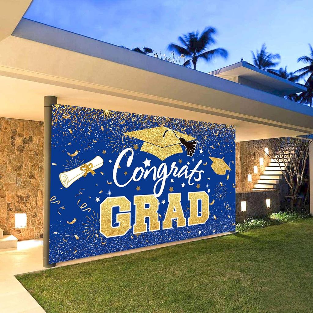 Graduation Party Decorations - Blue Gold Congrats Grad Class of 2025 Backdrop Banner Large Sign Wall Decorations Photography Background Party