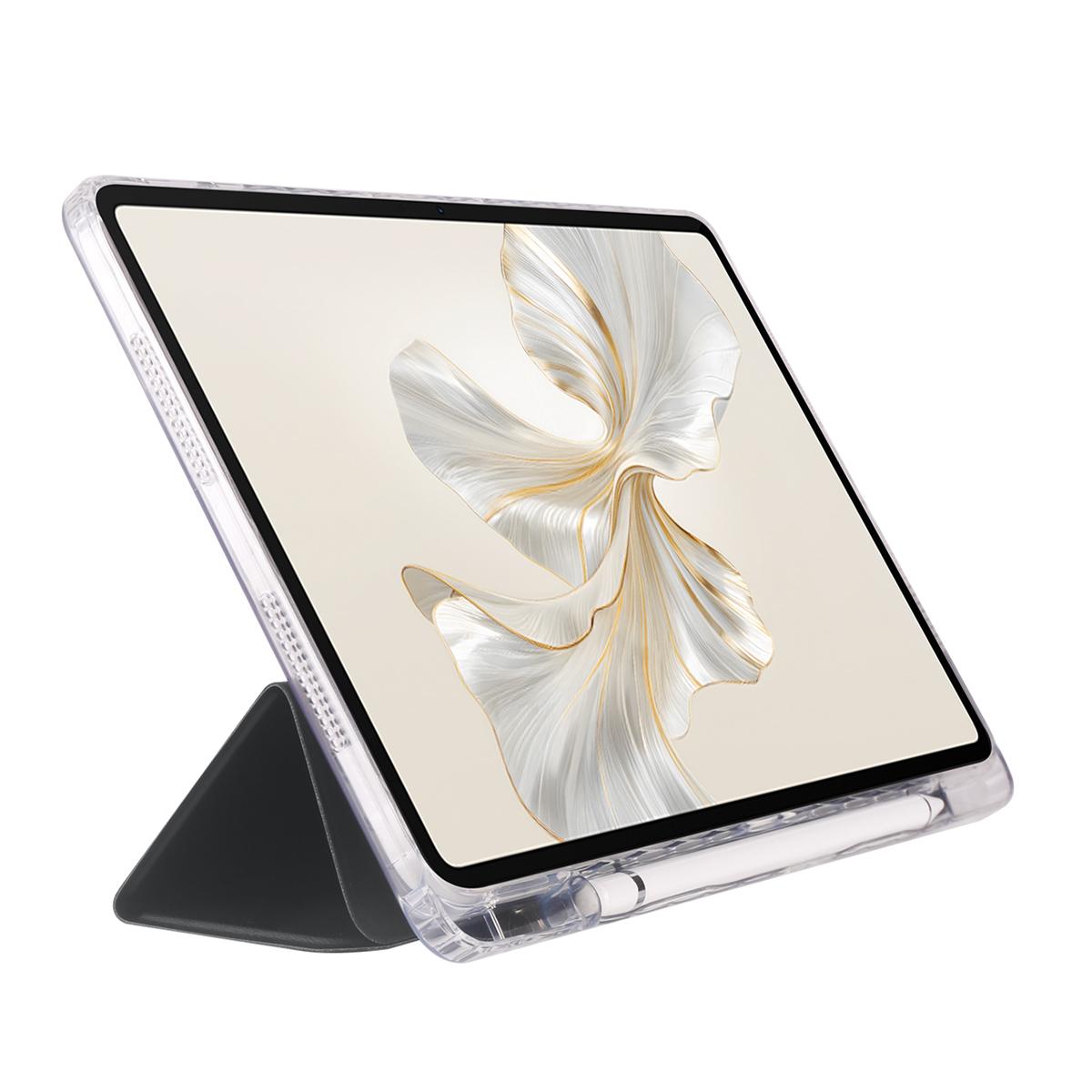 

For Honor Pad 9 Case Tri-Fold Stand Leather+TPU+Acrylic Clear Back Tablet Cover Grey