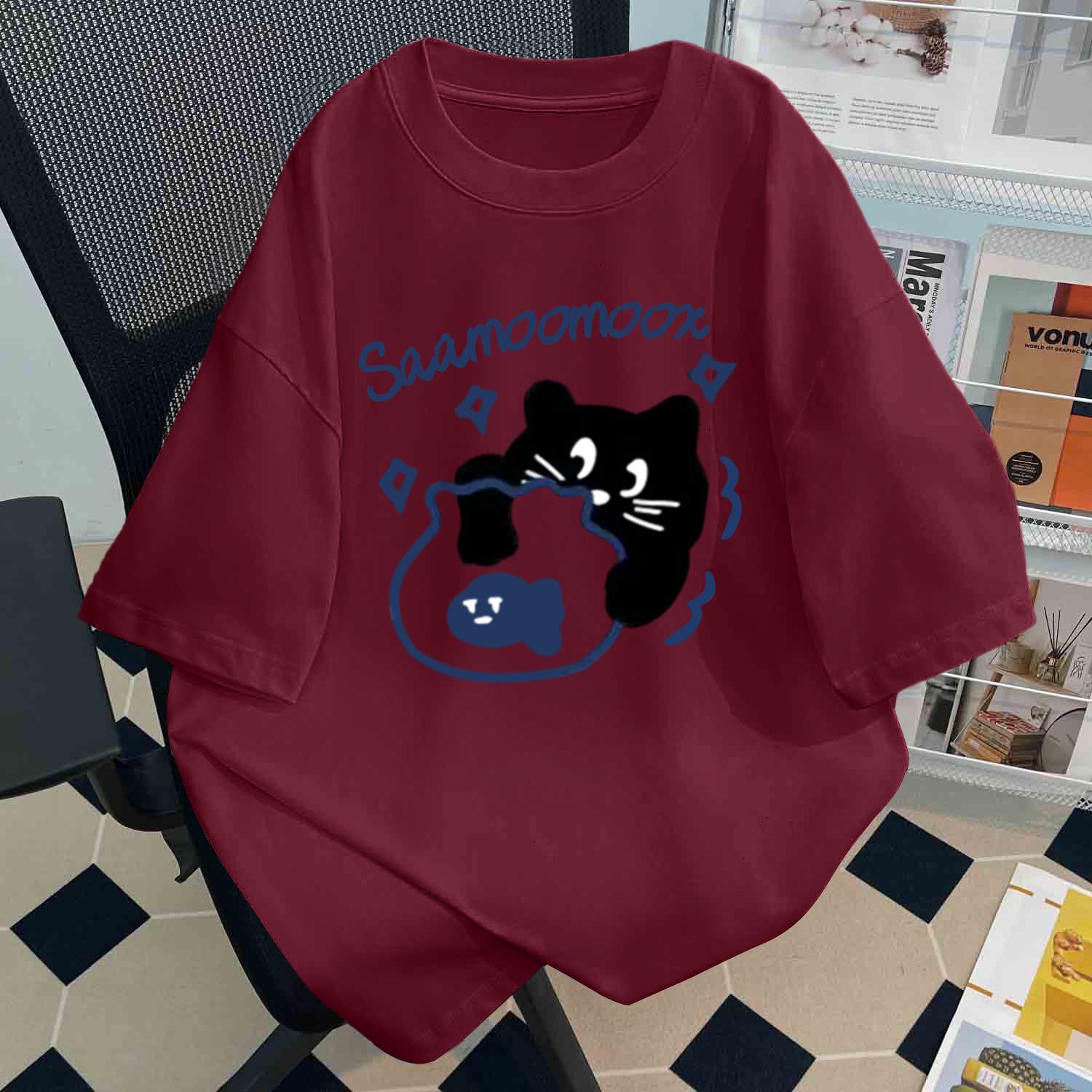 

Корейская трендовая женская футболка с коротким рукавом и принтом кошки - милый летний топ в нишевом стиле L вино красного