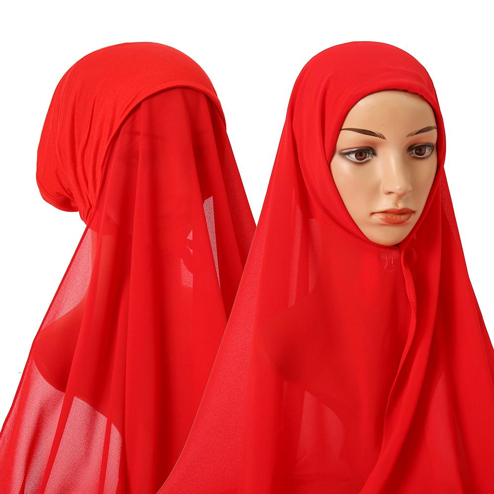 Bubblig Tung Chiffong Hijab Med Hätta Elastisk Snöre Fri Användning Stil Hijabs Enfärgad Sjal För Muslimer Håltagningfri Turban