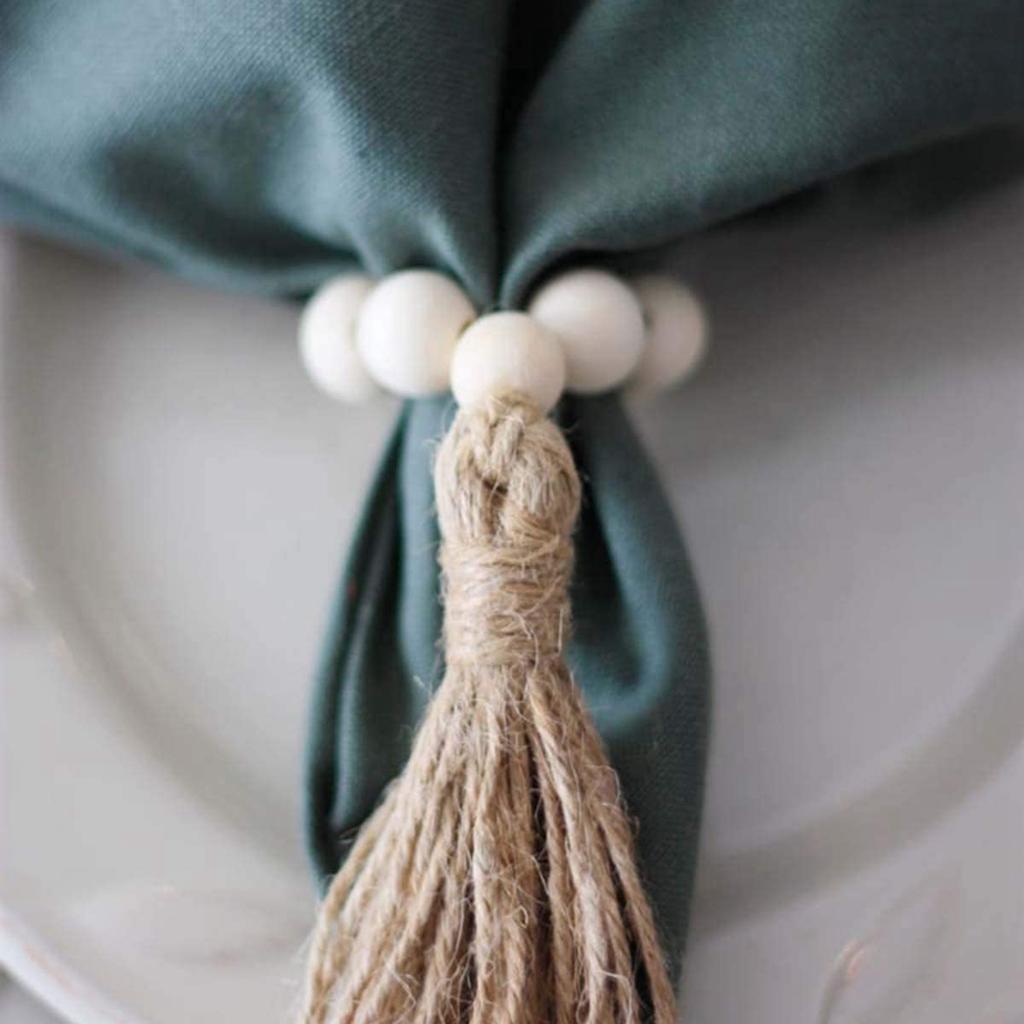 ABBY-12X Beaded Wood Napkin Rings With Table Setting Wedding Party Décor Accessories Napkin Holder Natural Style