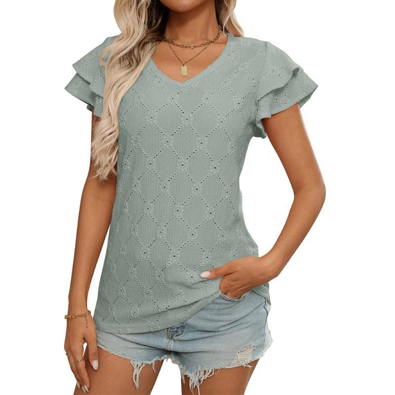 

Весна и лето Новая однотонная футболка с V-образным вырезом, короткими рукавами и вырезом XXL зелёный