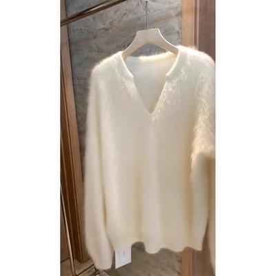 Raccoon Fleece Collar Cashmere Sweater Women's Autumn and Winter Soft Waxy Lazy Style High-end Sense Super Good-looking Mohair Knitted Top