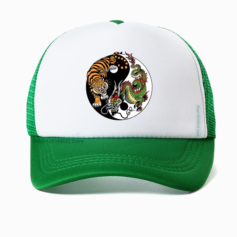 Chinese Dragon And Tiger Tattoo Print Mesh Baseball Cap Summer Adjustable Breathable Trucker Hat Fashion Casual Sun Hats