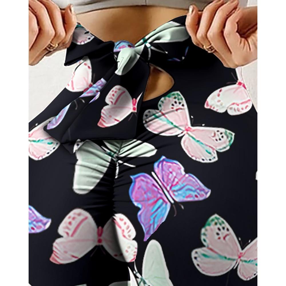 New Arrival Fitness High-Stretch Sweat-Wicking Digital Print Bow-Tie Drawstring Trousers Leggings High-Waisted Slim-Fit Yoga Pants for Women