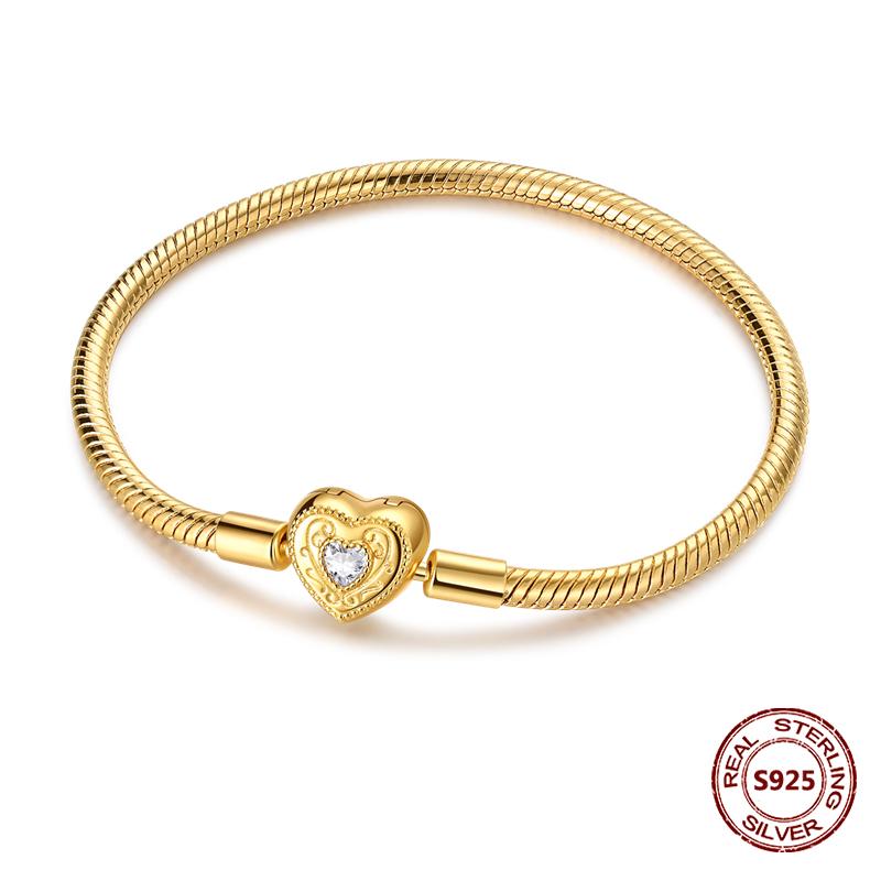 Pink Love Heart Silver 925 Bracelet Original Bracelets Zircon Cat Paw Snake Chain For DIY Charms 17-20CM Wedding Jewelry Gifts