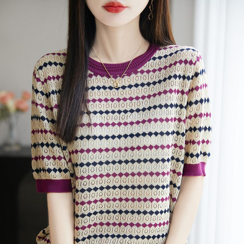 

Summer s New Striped Round-neck Short-sleeved Women s Loose and Versatile Vest T-shirt Knitted Sweater Top Casual Pullover M фіолетовий