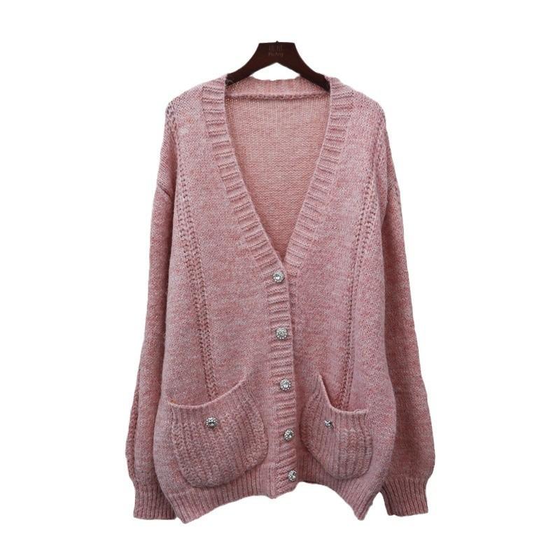 Medium and long V-neck knitted cardigan autumn and winter new loose lazy style temperament sweater jacket women