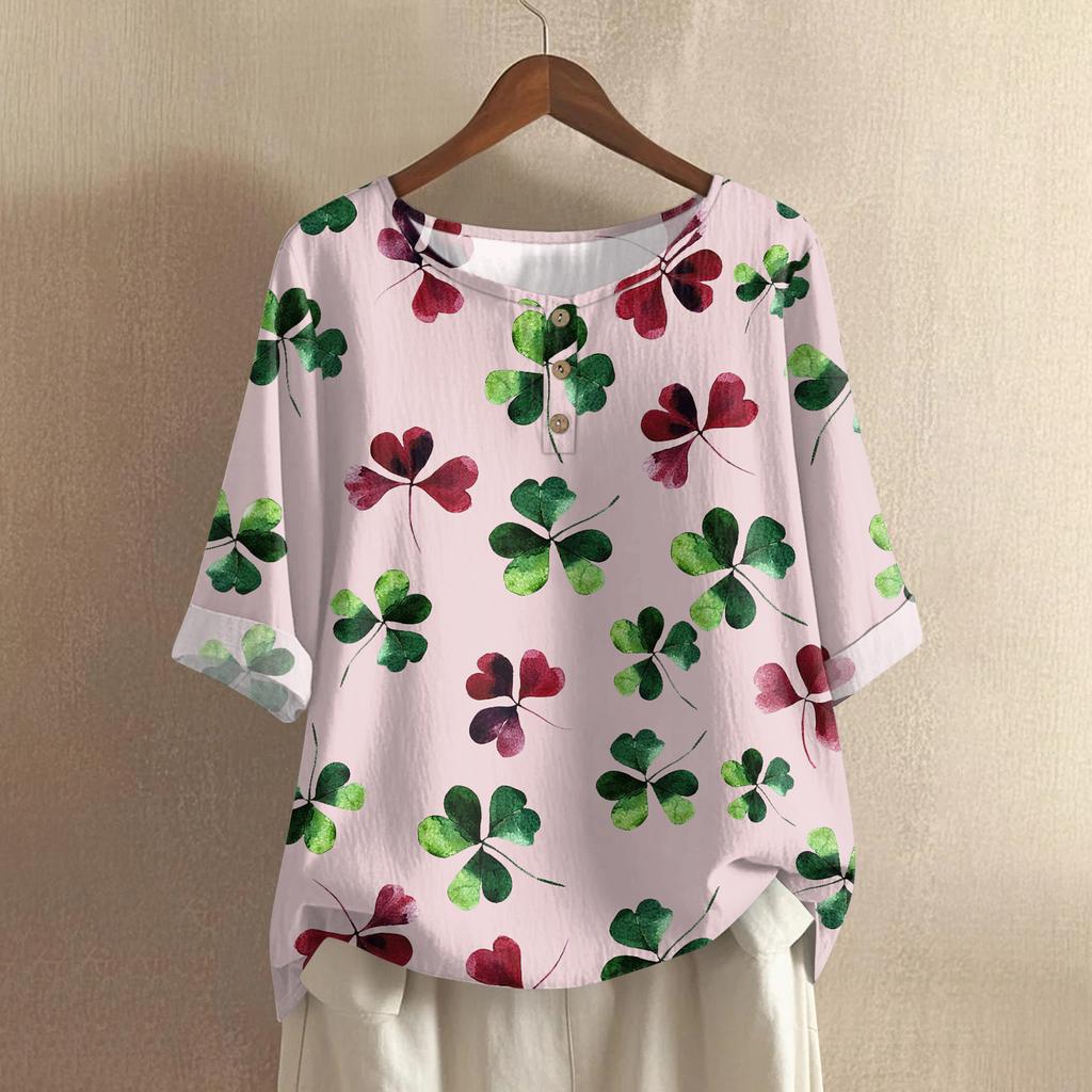Women's Fashionable And Casual Shirt 3/4 Sleeve Round Neck Print Blouse Top