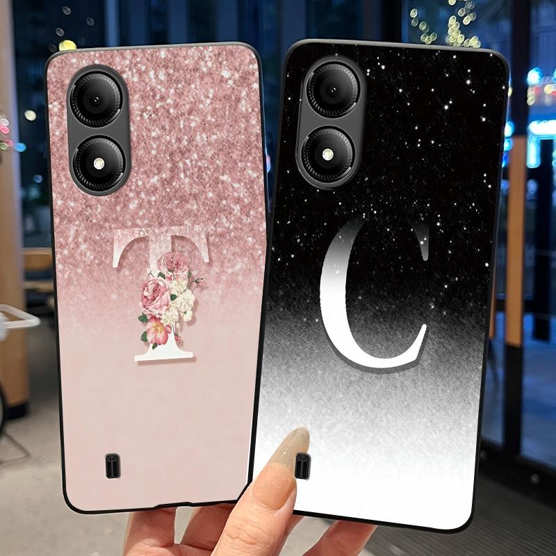 Exclusive Initial Letter With Flower Phone Case For ZTE Blade A33s Soft Silicone Black Case ZTE Blade A33s Anti-scratch Casing
