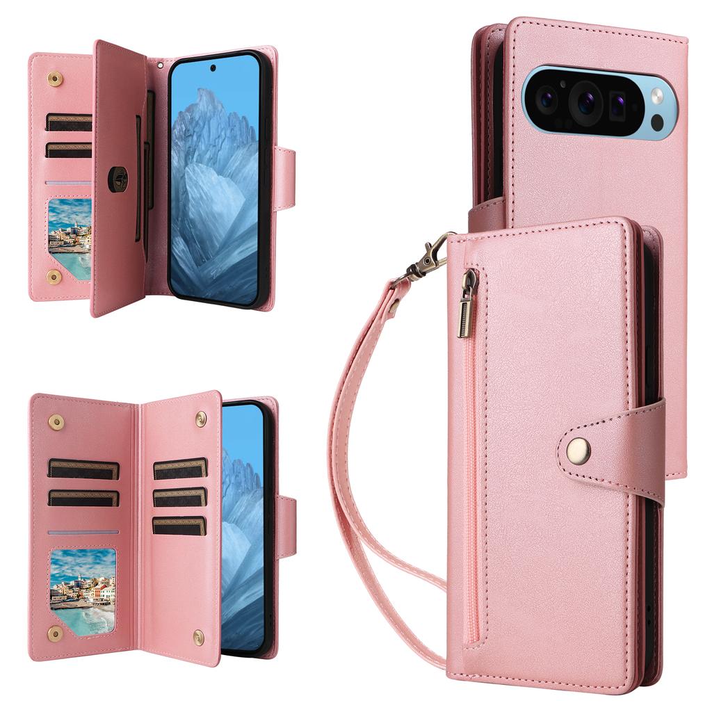 Phone Case For Google Pixel 10/10 Pro/9/9 Pro ,Zipper Wallet Rivet Decor Leather Cover with Wrist Strap