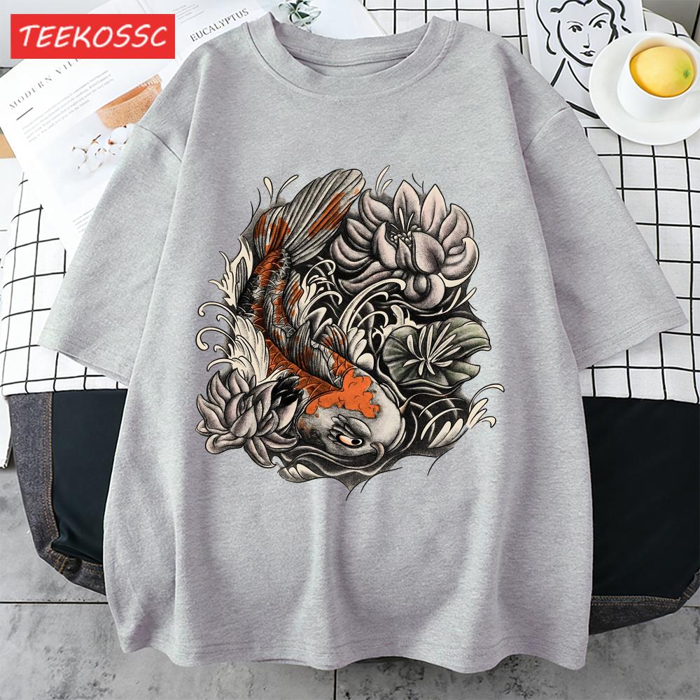 Japanese Harajuku Lotus Koi Print Men T Shirts AllMatch Cotton TShirt Casual Crewneck Loose Streetwear Man Summer Basics Top
