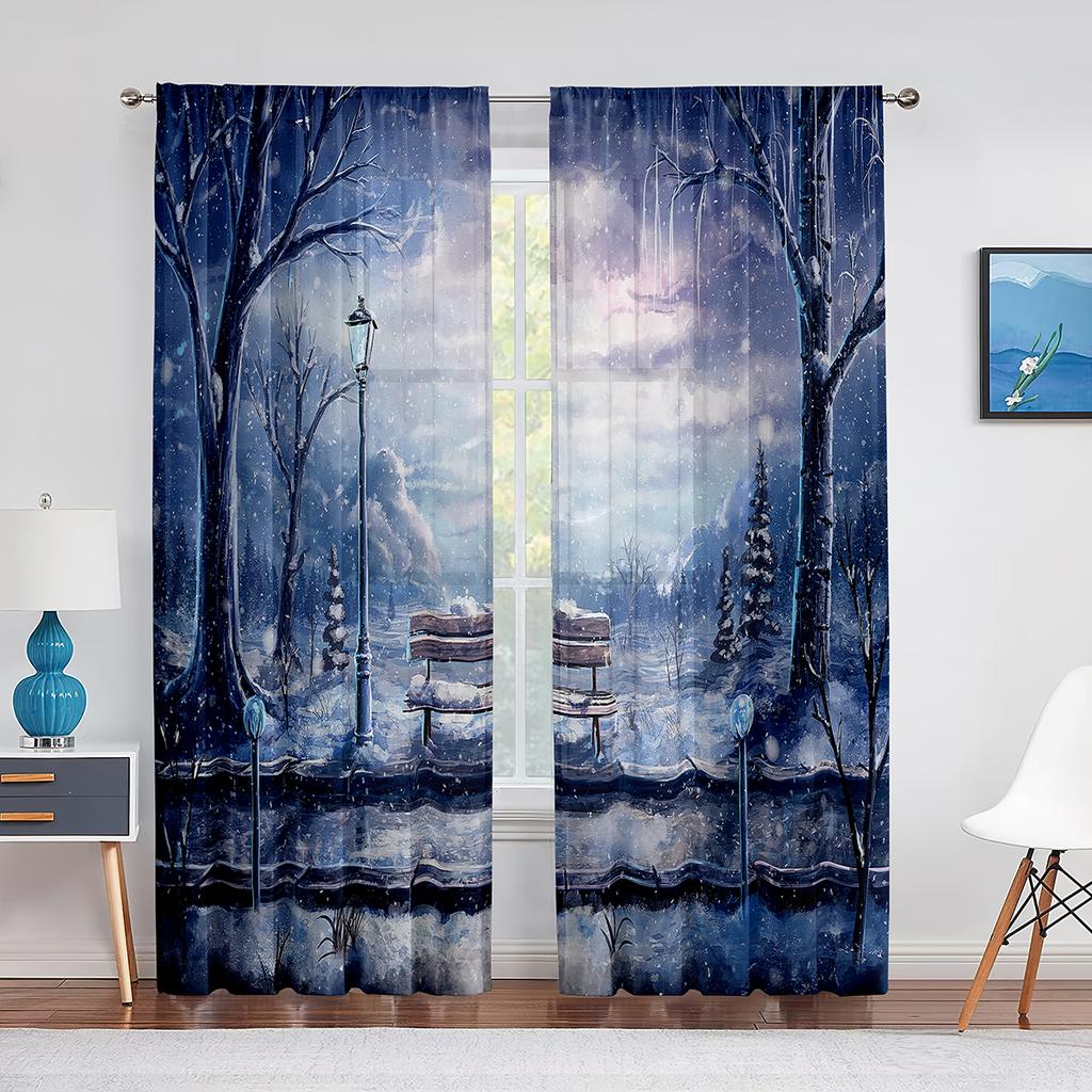 Winterwald-Berglandschaft mit schneebedeckten Bäumen, transparente Voile-Vorhänge für Wohnzimmer, Schlafzimmer, Tüllvorhänge, Fensterbehandlungen