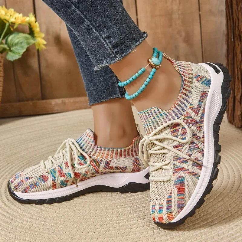 Fashion Outdoor Knitted Women's Vulcanize Shoes 2025 Breathable Women Sneakers Mixed Colors Low Heel Lace Up Casual Shoes for Women