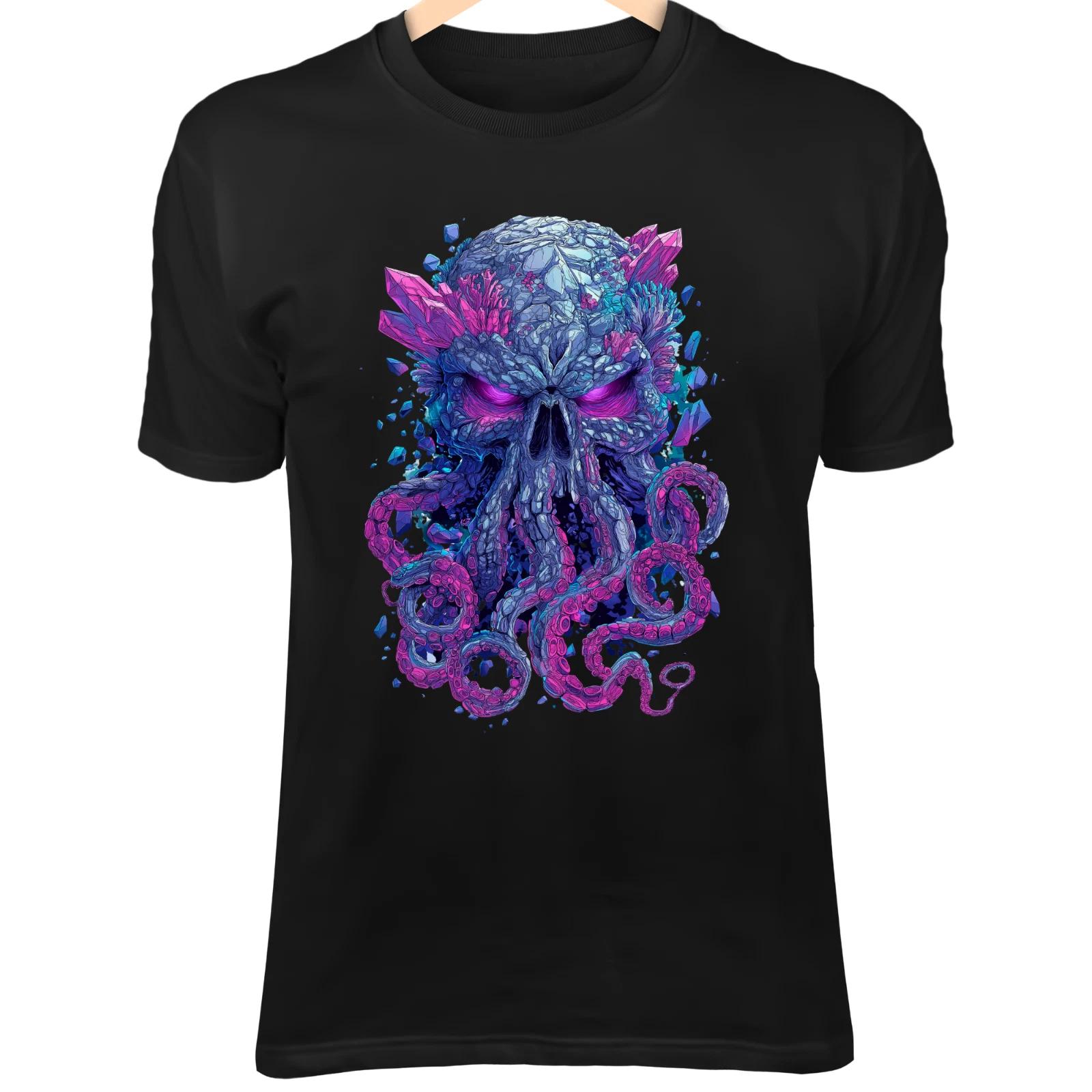

Tribal Skull Kraken Crystal Shirt - Coral Tentacles and Purple Glow Eyes S