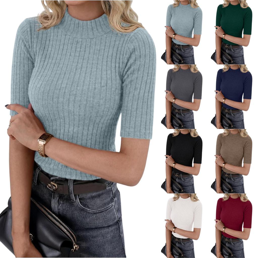 Women’s Ribbed Knit Mock Neck Short Sleeve Slim Fit Pullover Top for Casual or Office Wear Versatile Stretchy Sweater Tee