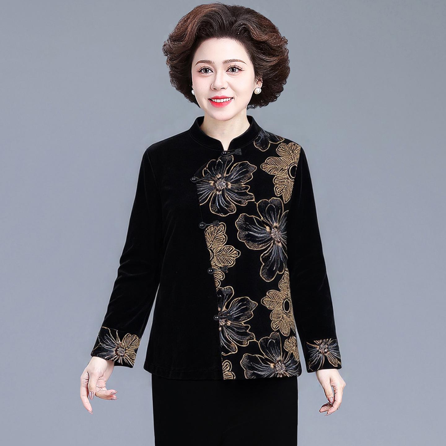 

Spring/Autumn Gold Velvet Two-Piece Outfit - Long-Sleeve Top & Wide-Leg Pants for Middle-Aged/Elderly Women 7XL