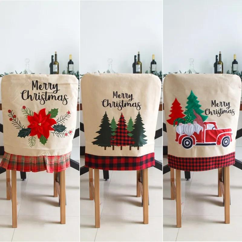 New Christmas Chair and Stool Set Creative Linen Embroidered Chair Cap Scene Layout
