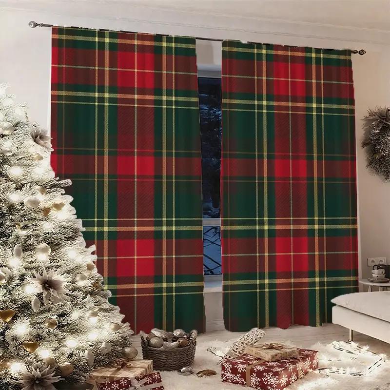 Set Of 2 Plaid Curtain Polyester Xmas Window Decor Home Classic Curtains Room Darkening Made