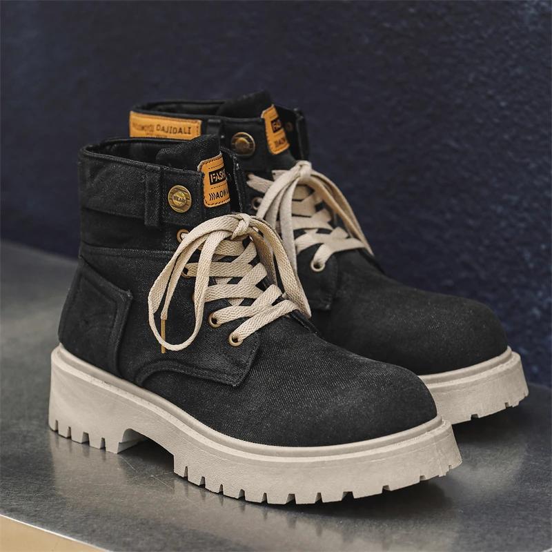 Breathable Men Boots Winter Denim Cloth Mens Ankle Boots Retro Work Boots Platform Men Casual Shoes Handmade High Top Shoes