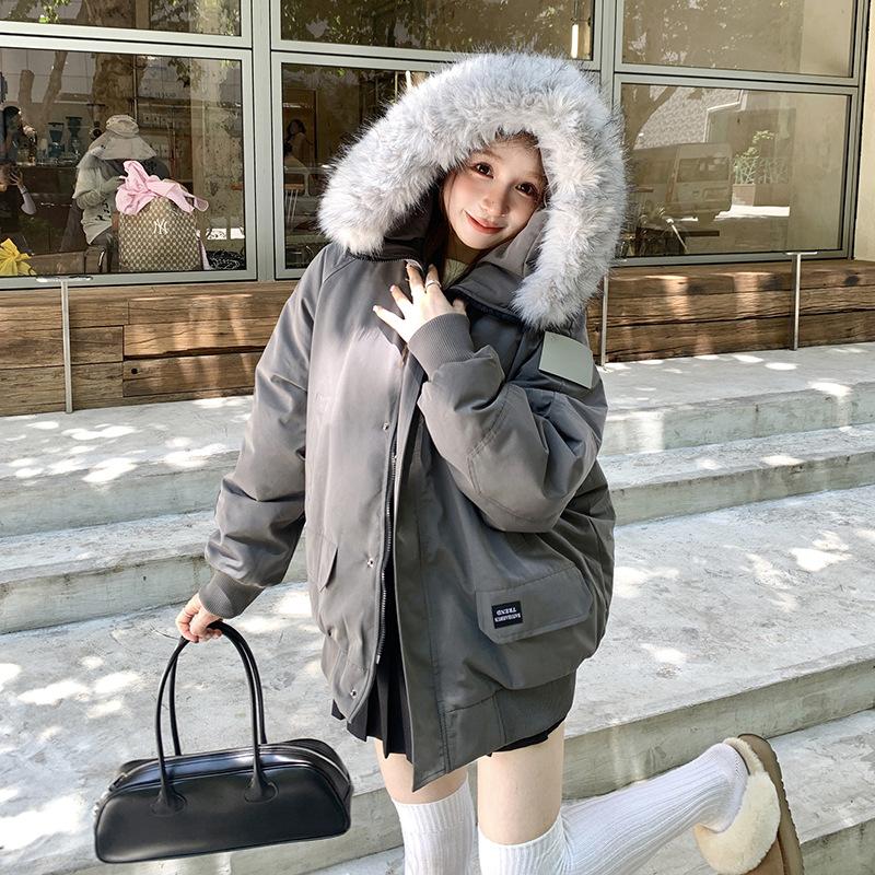 

Женская зимняя пуховая куртка с большим меховым воротником, ленивая, свободного кроя, чтобы преодолеть волну хлопковой одежды S серый
