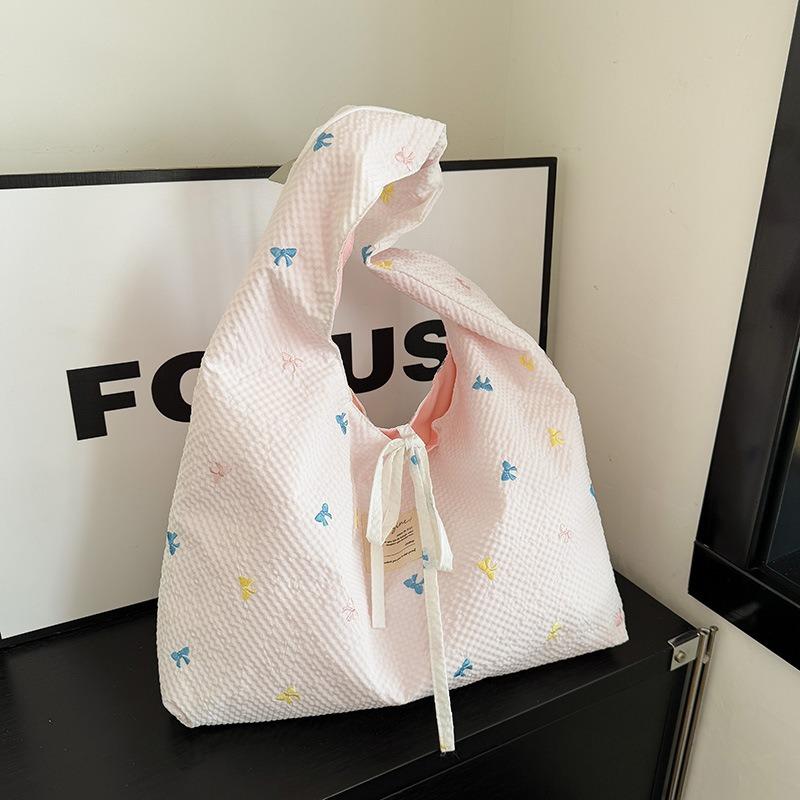 

Spring new fresh and versatile embroidered bow shoulder bag plaid underarm bag lazy canvas bag