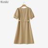 ZANZEA Lässiges, einfarbiges, lockeres Kurzarmkleid mit V-Ausschnitt für Damen