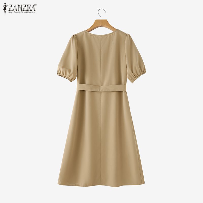 ZANZEA Lässiges, einfarbiges, lockeres Kurzarmkleid mit V-Ausschnitt für Damen