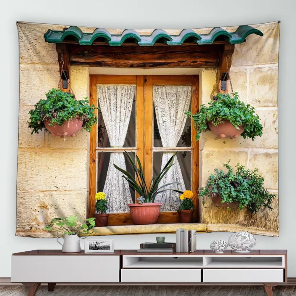 Street Flower Scenery Tapestry Vintage Blue Wooden Door Floral Plants Nature Landscape Home Garden Decor Wall Hanging Picnic Mat