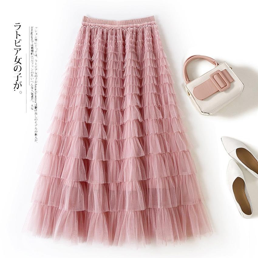

Fashion High Waist Mesh Puffy Cake Long Pleated Elastic Waist Women Midi Skirt One Size рожевий