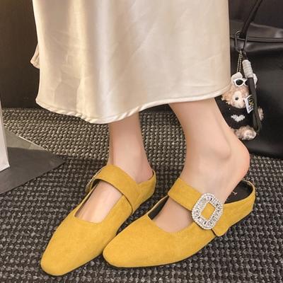 Neue Mode Schnallenriemen Spitzschuh Damen Hausschuhe Sommer Flach Quadratisch Niedrige Absätze Schuhe Pantolette Damen Pumps