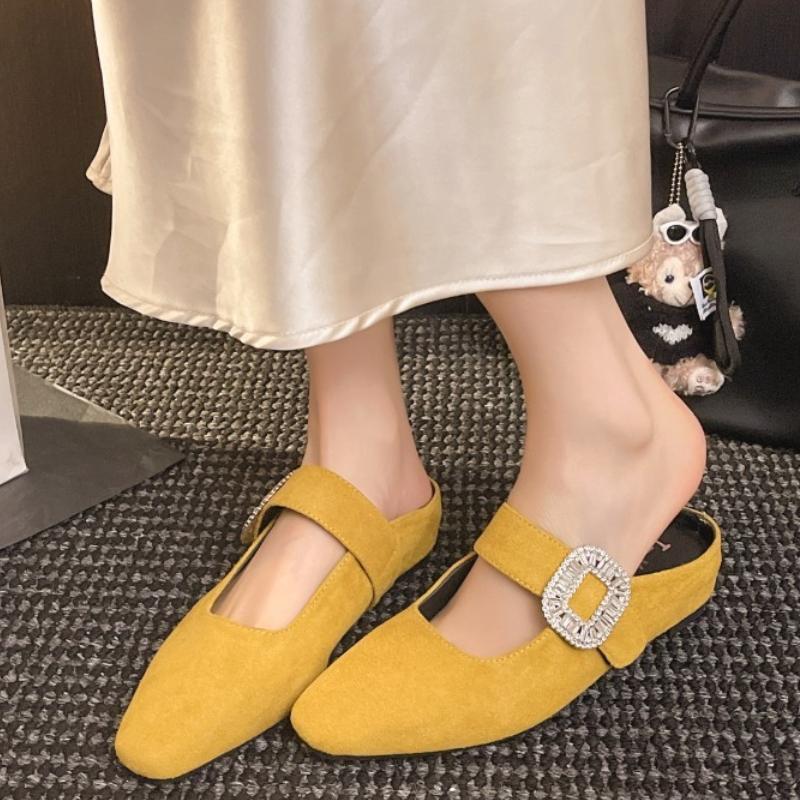 New Fashion Buckle Strap Pointed Toe Women Slippers Summer Shallow Square Low Heels Shoes Slide Mule Ladies Pumps