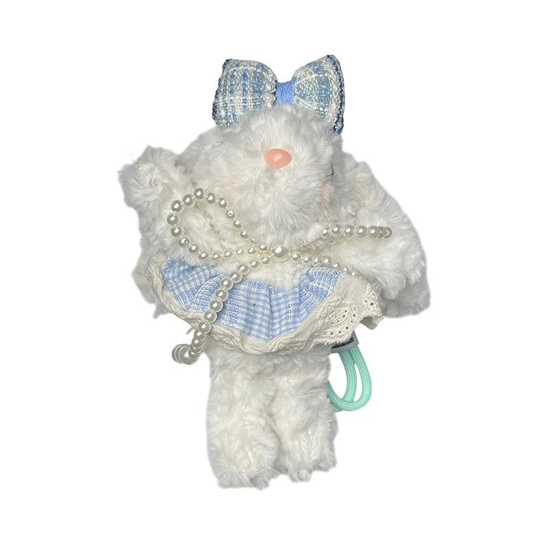 Rabbit Plush Keychain with Pearl Bowtie for Women, Lace Plaid Skirt Design, Long Ear Bunny Pendant for Bag Car, Friendship Gifts