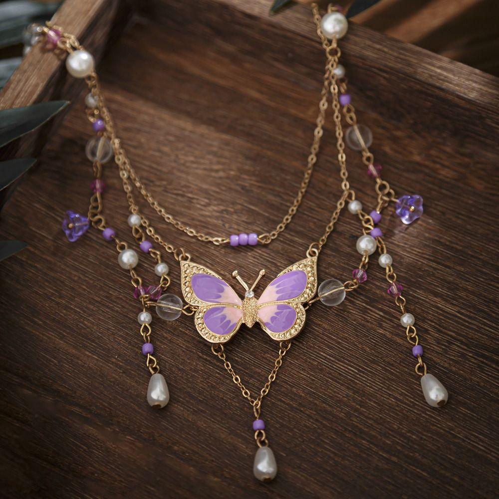 Rhinestone Multilayer Necklace Pearl Beads Chain Choker Elegant Butterfly Pendant Necklace  Gifts
