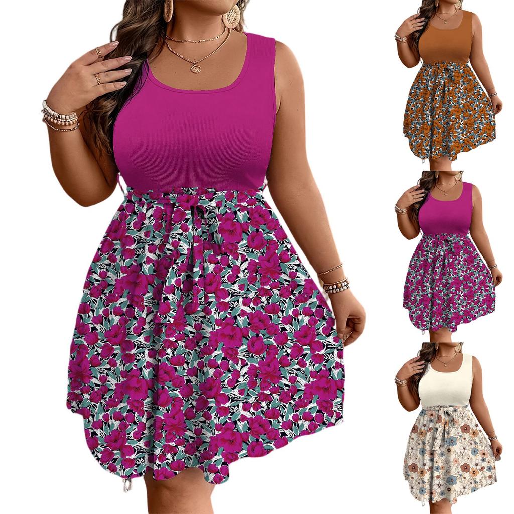 Women's Fashionable Casual Color Blocked Printed Sleeveless Waist Dress In Large Size