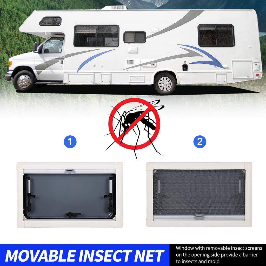 Okno do kampera z wypychaniem, zaokrąglony narożnik, odporne na UV, dwuwarstwowe, izolowane, pręt ze stopu aluminium z siatką, osłona przeciwsłoneczna