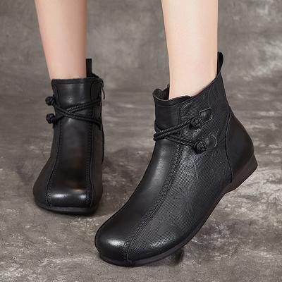 Flat Boots New Autumn and Winter Cotton Shoes Head Layer Cowhide Cowhide Soft Bottom Short Boots Retro Women's Boots