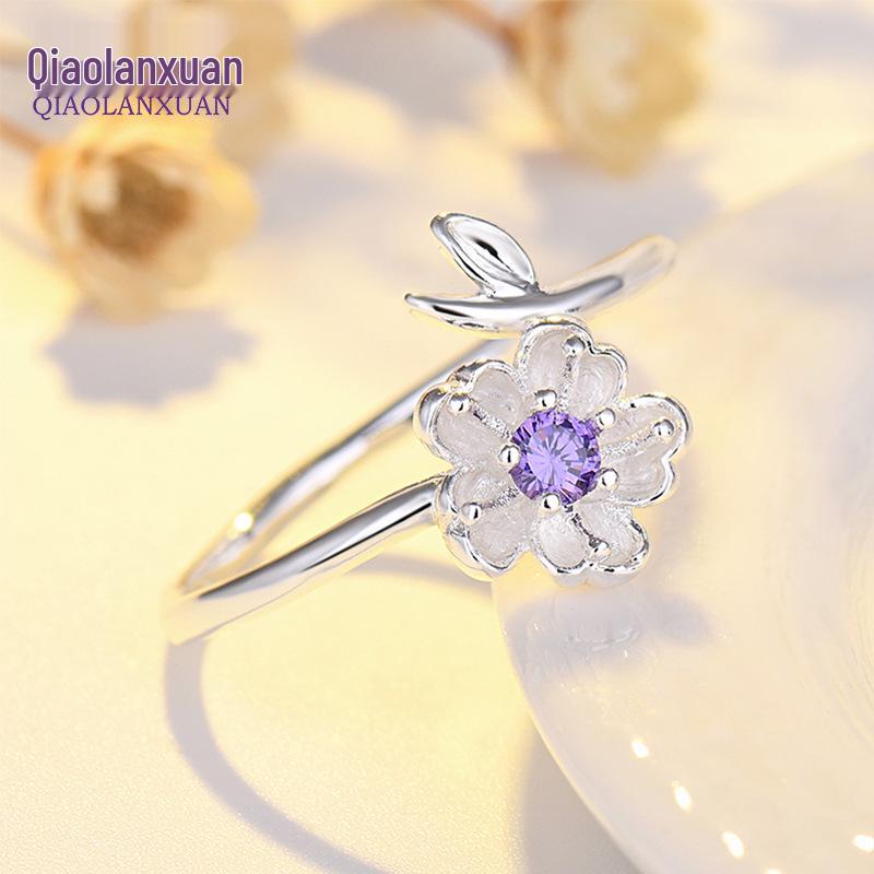 Qiao Lan Xuan Cherry Blossom Diamond-Studded Silver Adjustable Ring - Korean & Japanese Style for Women and Students