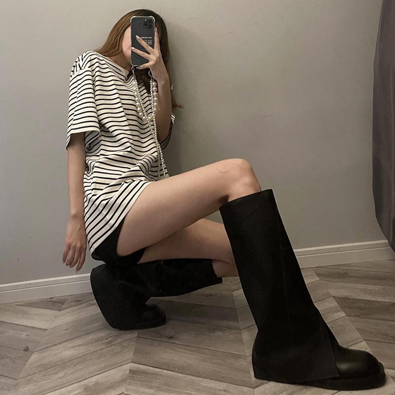 Cowhide version~ thick-soled trouser boots women's fried street high boots women's Maillard straight but knee knight boots women's tide