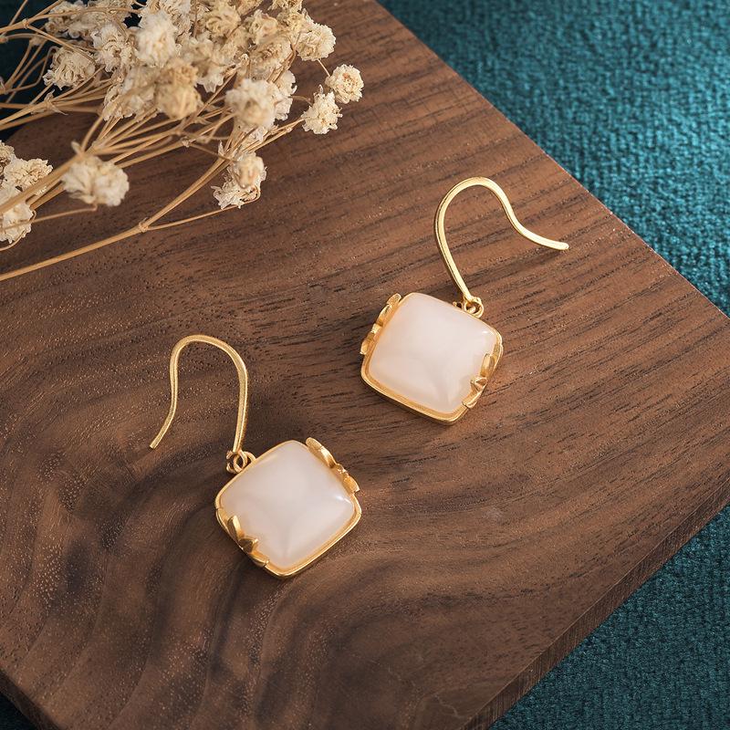 Chinese Court Style Bamboo Leaf Stud Earrings with White Jade for Women - Retro Dangle Design
